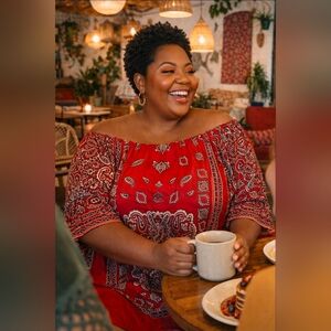 Mlle Gabrielle Boho Paisley Off Shoulder Dress 3X Red Peasant Bell Sleeve Bohemi